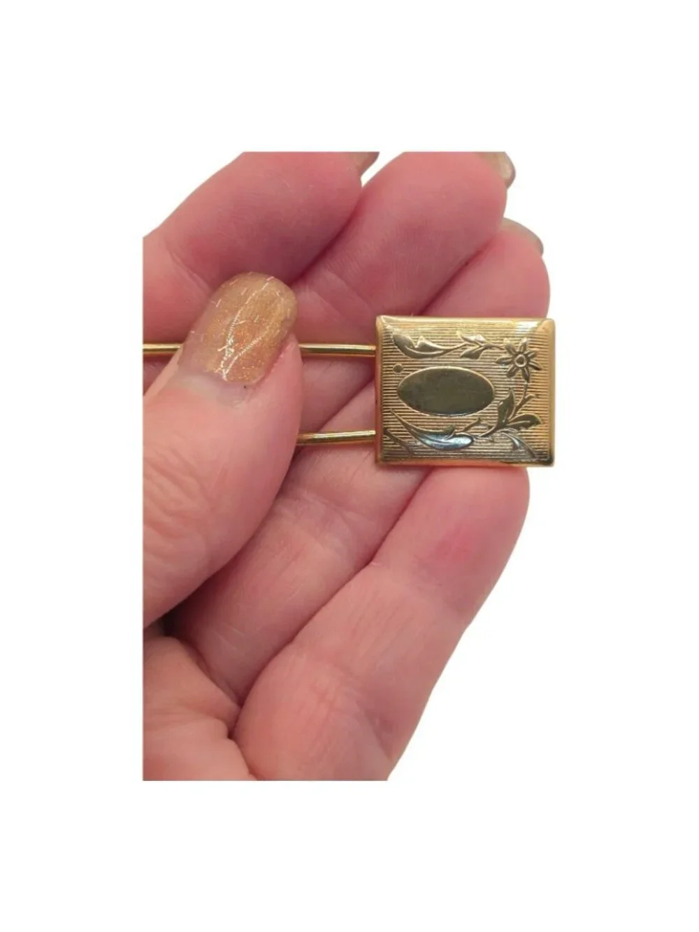 Antique Gold Tone Safety Sash Pin Brooch Floral Engraved Design
